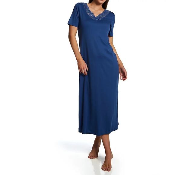 Hanro Women's Moments Short Sleeve Long Gown , Navy, Size XL 0510 - Picture 1 of 2